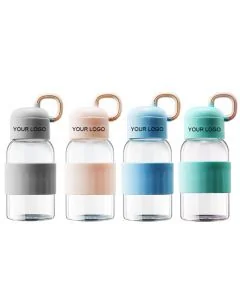 Custom BPA-free 360ml Leakproof Borosilicate Glass Water Bottle with Silicone Sleeve and Carrying Handle