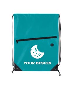 Custom Front Zip Drawstring Backpack: Feature-Rich Bag with Headphone Port 17.5"H x 13.2"W