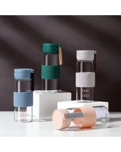Custom Outdoor Glass Bottle With Anti-slip Sleeve and Carrying Handle for Office Travel
