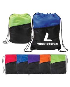 Custom Print Water-Resistant Two-Tone Drawstring Backpack with Zipper Pocket 16.75" H x 13" W