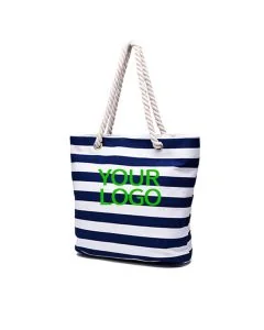 Custom Navy Striped Reusable 17.5"W x 12.5"H Tough Canvas Tote Beach Bags with Rope Handle