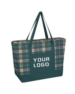 Custom Promotional 600D Polyester 23"W x 14"H Zipper Plaid Tote Bag Waterproof Beach Bag Grocery Shopping Bag