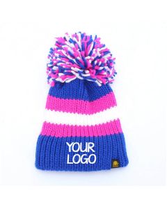Custom Thick Knit Hat with Round Ball Tri-color Striped Chunky Knitted Hat Beanie Cap