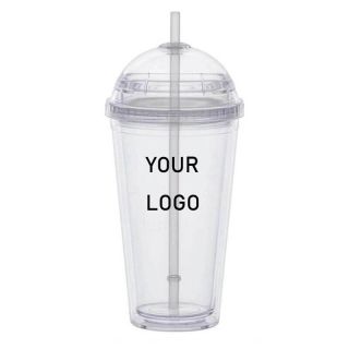 Custom 16oz Plastic Cups Double Walled Clear Tumblers With Lid And Straw