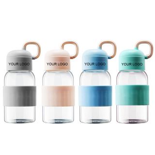 Custom BPA-free 360ml Leakproof Borosilicate Glass Water Bottle with Silicone Sleeve and Carrying Handle