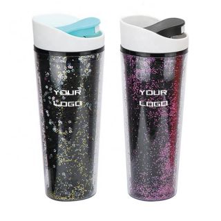 Custom BPA Free Glitter Cup Reusable Wide Mouth Plastic Tumbler Double Wall Plastic Cups with Pressing Lid