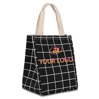 Custom Canvas Cotton Insulated 8.3W x 10.5H Cooler Bags Plaid Pattern Thermal Lunch Bag with Two Usage