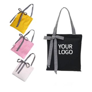 Custom Cotton Shopping 13.39"W x 14.96"H Bags matching with Plaid Bow-knot and Handles Zippered Grocery Bags for Books Cosmetics