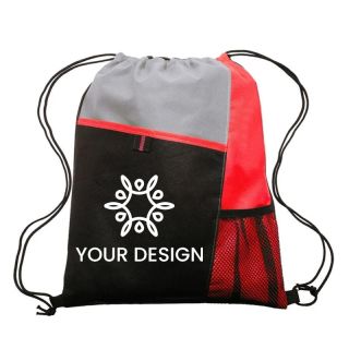 Custom Durable Lightweight Mesh Pocket Drawstring Backpack 15.5" H x 13.5" W