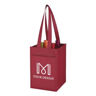 Custom Durable Water-Resistant  Non-Woven 4 Bottle Wine Tote Bag 11" H x 7.25" W