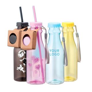 Custom Eco-friendly Drinking Bottle Transparent Straw Water Bottle with Carrying Rope