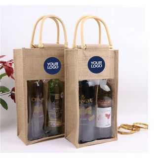 Custom Jute Wine Bag Reusable Retail Shopping Tote Grocery Heavy duty Gift Bags with A Clear Window for Wine Candies
