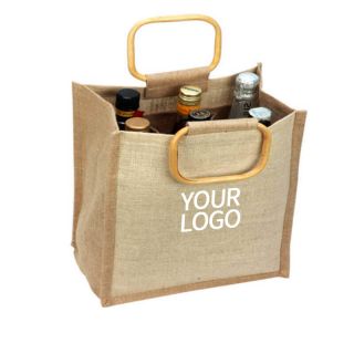 Custom Non-woven Jute Wine Bottle Bag Retail Grocery Tote Shopping Gift Bags with Alloy Handles for 6 Bottles
