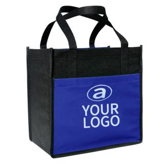 Custom Non-woven Reusable Grocery 13.78" x 15.75" Bags Heavy Duty Large Shopping Totes with Front Pocket