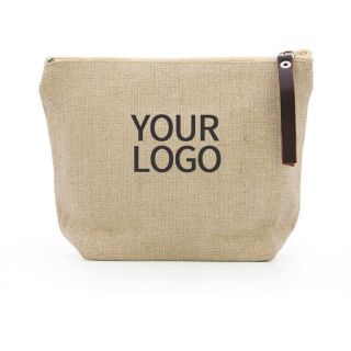 Custom Recyclable Jute Makeup Bag 8"W x 6"H Reusable Cosmetic Bag for Home Travel