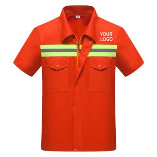 Custom Short Sleeve Orange Workwear Labour Suit with Green Reflect Strips - Design Online