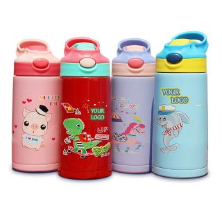 Custom Stainless Steel Double Wall Vacuum Flask Cartoon Children Pop-up Straw Bottle Water Bottle