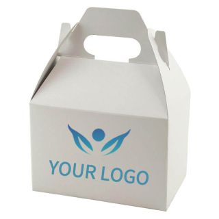 Custom White Gloss Gable Boxes 8W x 5.25H Paper Packing Box Bag for Cake Lunch Pastry Wedding Birthday Party