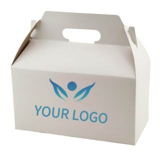 Custom White Gloss Gable Boxes 9.5W x 5H Paper Packing Box Bag for Cake Lunch Pastry Wedding Birthday Party
