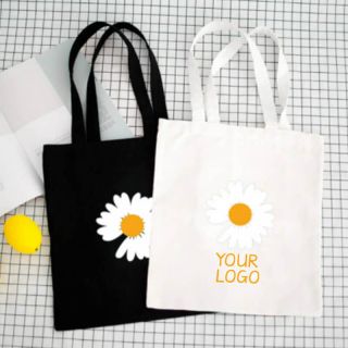 Custom Wholesale Stylish 15"W x 16.5"H Cotton Bag Daisy Pattern Reusable Grocery Tote