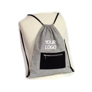 Custom Drawstring 14"W x 17.5"H Backpack Canvas Shoulder Bag with Zippered Front Pocket for Travel Promotion