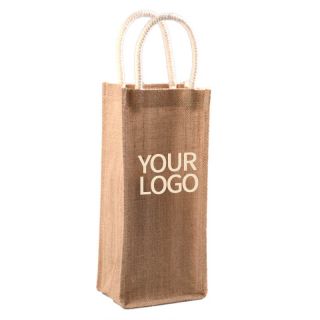 Custom Jute Wine Bag 6.3" x 14.17 Reusable Retail Shopping Tote Grocery Gift Bags for Single Bottle