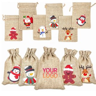 Custom Christmas Gift Bags 3.9"W x 5.5"H Jute Packaging Drawstring Small Candy Snack Bag