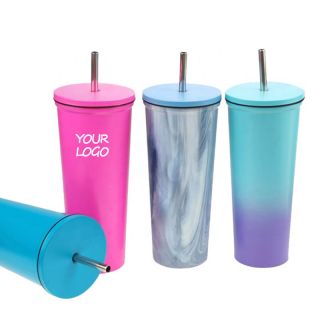 Custom Double Wall Insulated Vacuum Cup Stainless Steel Coffee Mug Reusable Tumbler with Lid and Straw