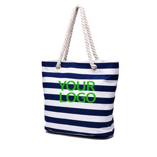 Custom Navy Striped Reusable 17.5"W x 12.5"H Tough Canvas Tote Beach Bags with Rope Handle