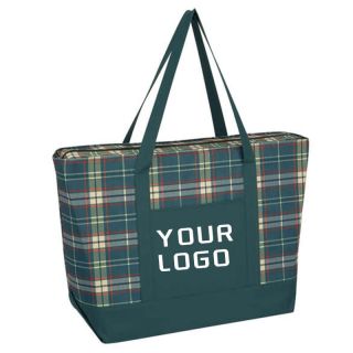 Custom Promotional 600D Polyester 23"W x 14"H Zipper Plaid Tote Bag Waterproof Beach Bag Grocery Shopping Bag