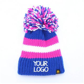 Custom Thick Knit Hat with Round Ball Tri-color Striped Chunky Knitted Hat Beanie Cap