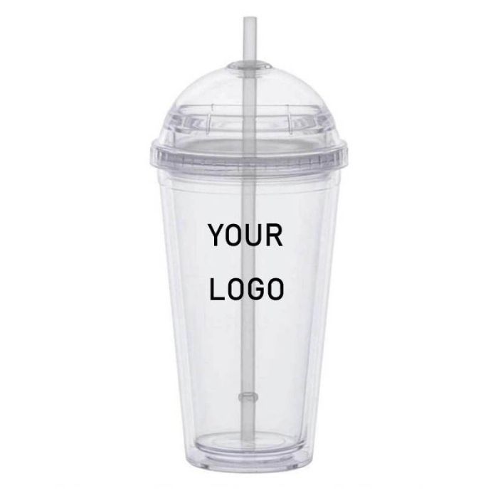 Custom 16oz Plastic Cups Double Walled Clear Tumblers With Lid And Straw