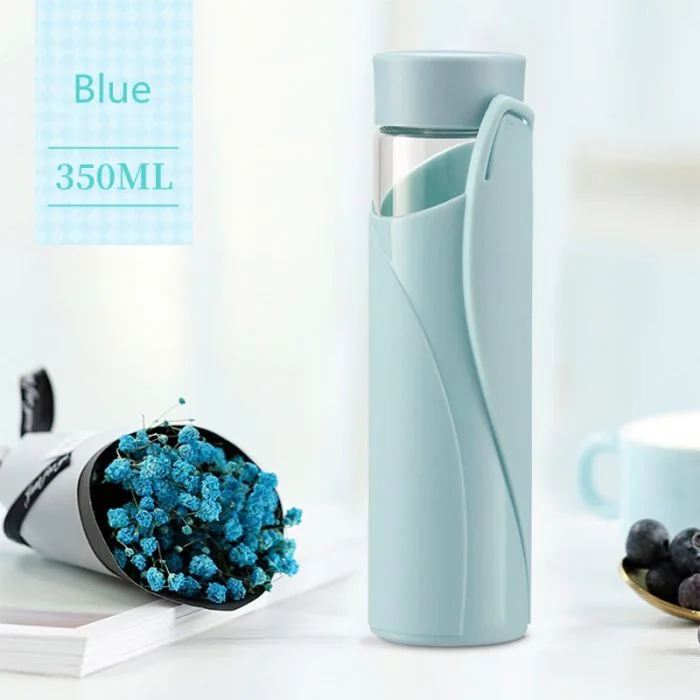 Custom BPA Free 350ml Portable Thermal Glass Drinking Water Bottles with Silicone Sleeve