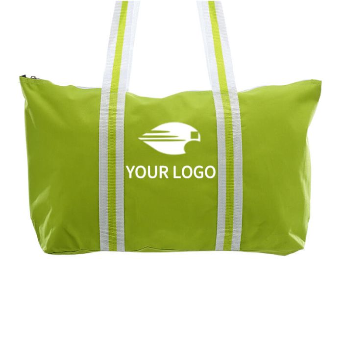 Custom Canvas Shoulder Tote Bag 19.5W x 11.5H Zippered Bags with Striped Handles for Sports Travel School Shopping Beach