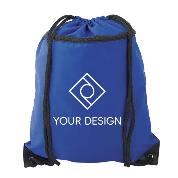 Custom Durable Black Zippered Pocket Drawstring Backpack 18"H x 14.5" W
