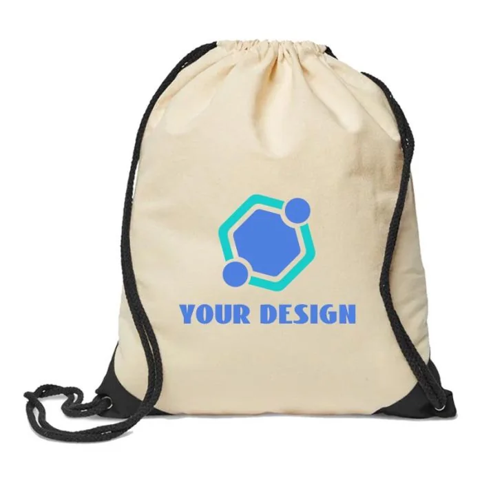 Custom Eco-Friendly Cotton Canvas Drawstring Backpack with Color Accents 18"H x 15" W 