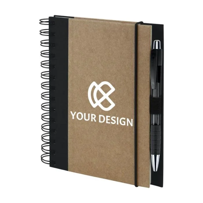 Custom Eco-Friendly Recycled Spiral Notebook with Elastic Band Closure and Pen 