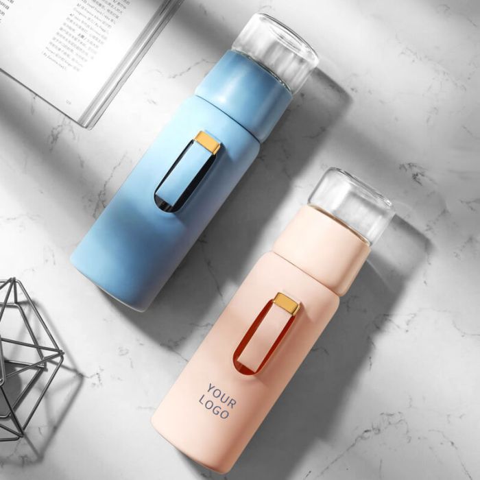 Custom Food grade Borosilicate Glass Water Bottles with Silicone Sleeve and Double Tea Drains