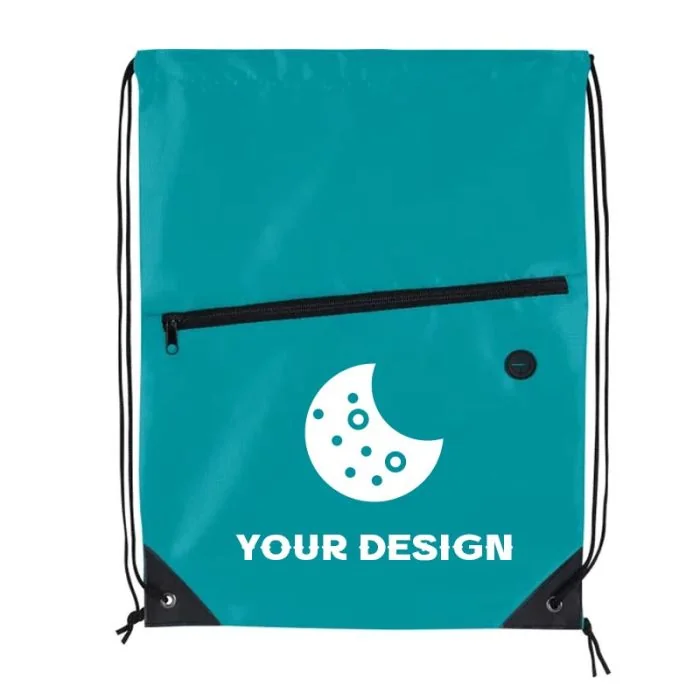 Custom Front Zip Drawstring Backpack: Feature-Rich Bag with Headphone Port 17.5"H x 13.2"W