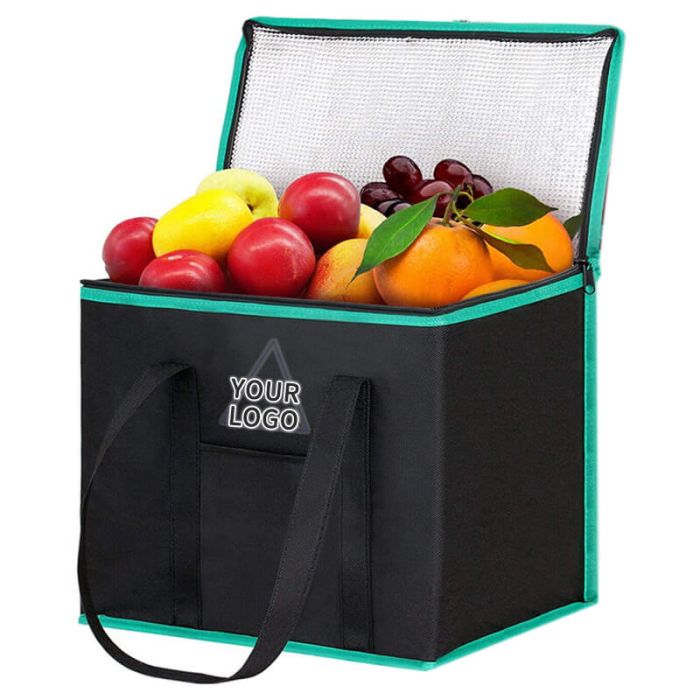 Custom Logo Printed Reusable 16W x 13H non-woven Insulated Grocery Bag Lunch Cooler Bag Food Delivery Tote for Shopping Picnic Travel