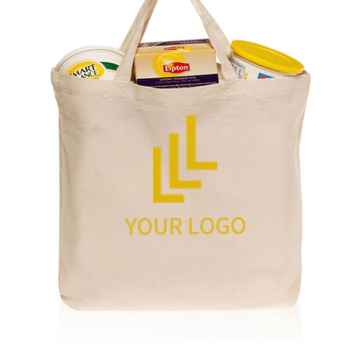 Custom Long Handle Cotton Grocery Bags 13.5W x 14.25H Reusable Book Bags Shopping Gift Bag