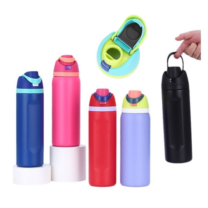 Custom Insulated Stainless Steel Water Bottle with FreeSip Straw, Push-Button Lock 32oz