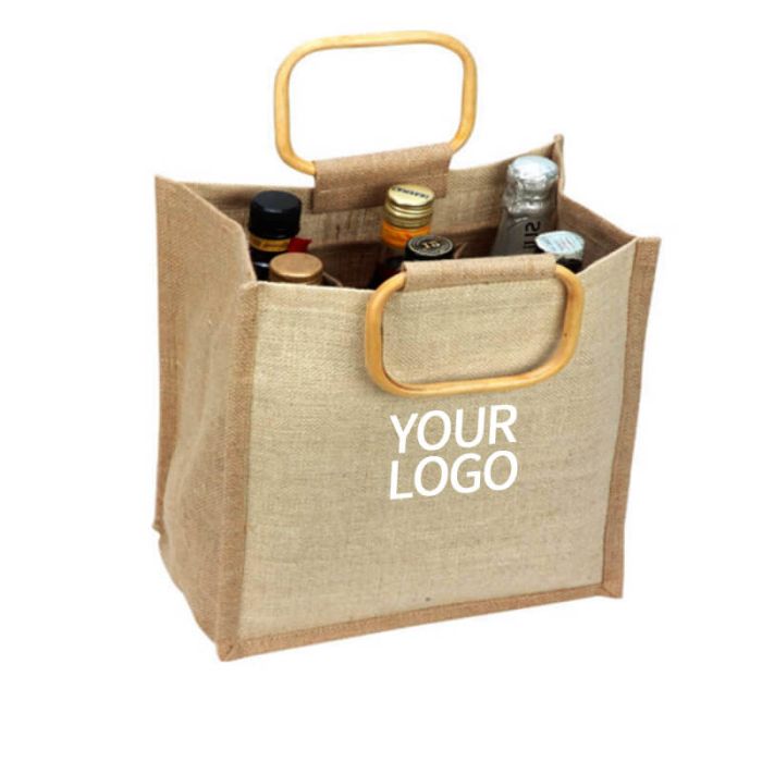 Custom Non-woven Jute Wine Bottle Bag Retail Grocery Tote Shopping Gift Bags with Alloy Handles for 6 Bottles