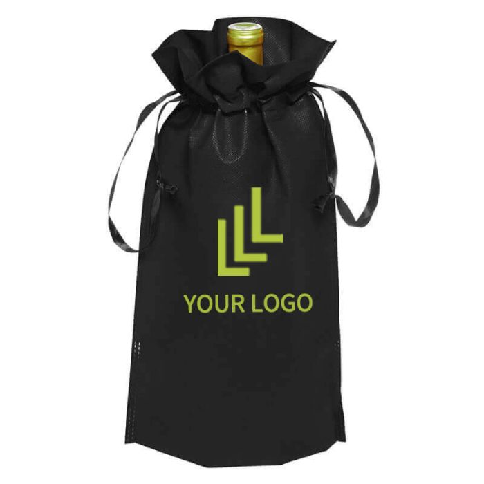 Custom Non-woven Wine Bag 8.5W x 15H Boutique Shopping Gift Bag Ribbon Drawstring Candy Bags for One Bottle