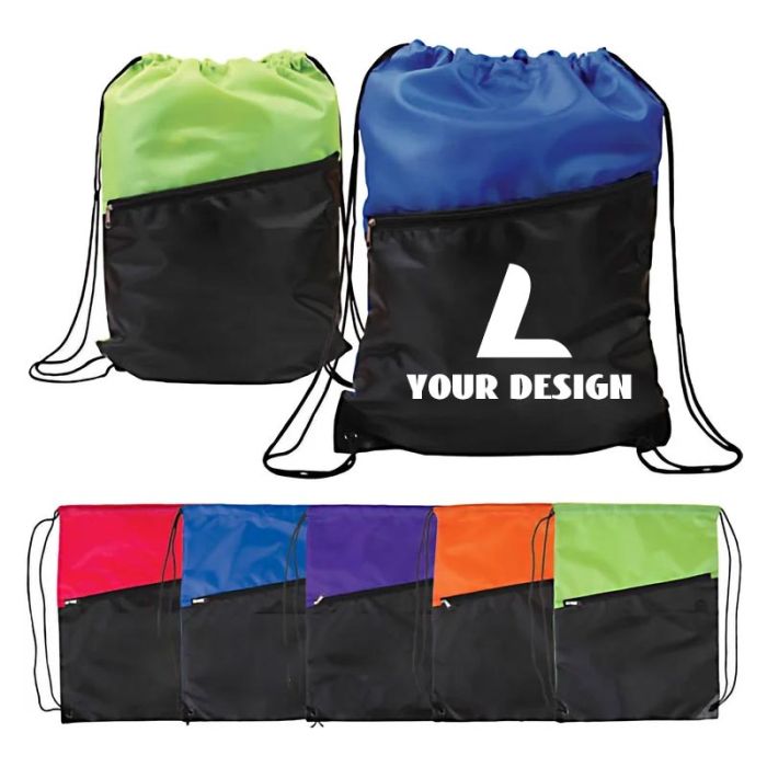 Custom Print Water-Resistant Two-Tone Drawstring Backpack with Zipper Pocket 16.75" H x 13" W