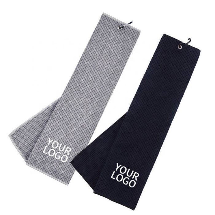 Custom Tri-fold Towel Super Absorbent Microfiber Waffle Pattern Golf Towels with Carabiner