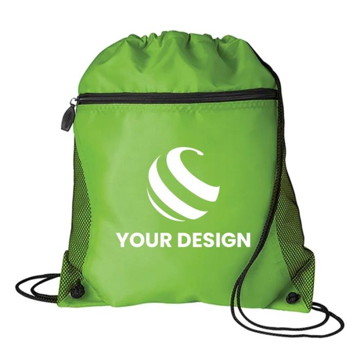 Custom Versatile Mesh Pocket Durable Polyester Drawstring Bag 16.5"H x 14" W