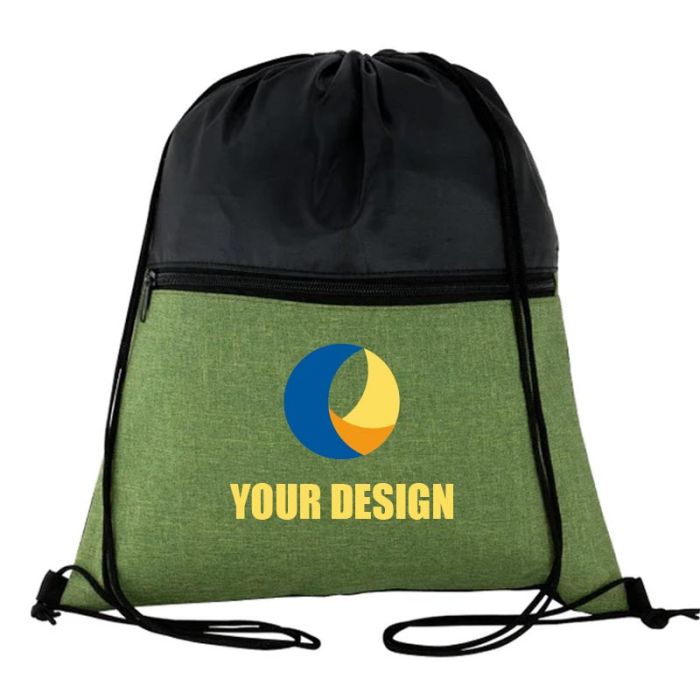 Custom Versatile Polyester Drawstring Backpack with Front Zippered Pocket 16.75"H x 13.75" W