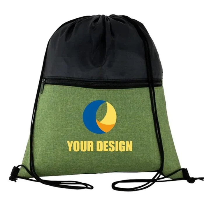 Custom Versatile Polyester Drawstring Backpack with Front Zippered Pocket 16.75"H x 13.75" W
