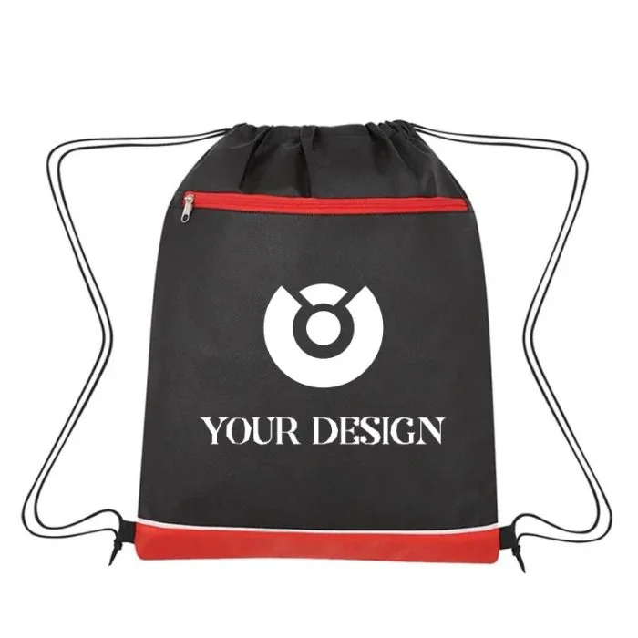 Custom Water-Resistant Non-Woven Drawstring Bag with Large Zippered Pocket 18"H x 14"W